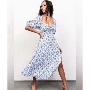 Baltic Born Dress Womens Small White Blue Floral Sweetheart Cottage Puff Sleeve